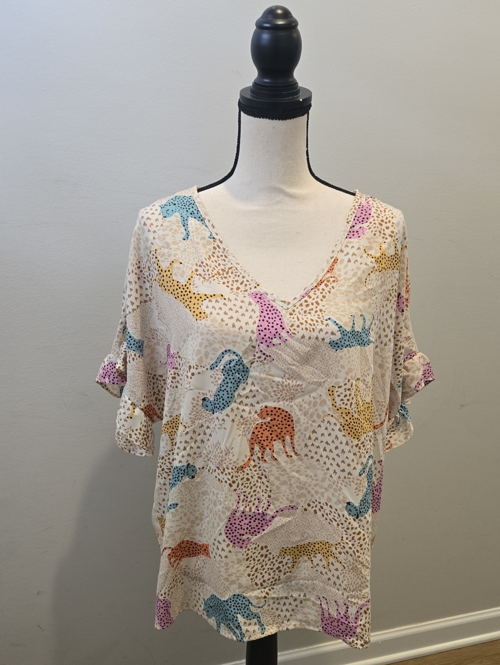 entro Cream Animal Print V-Neck Blouse with Multi-Color Spots